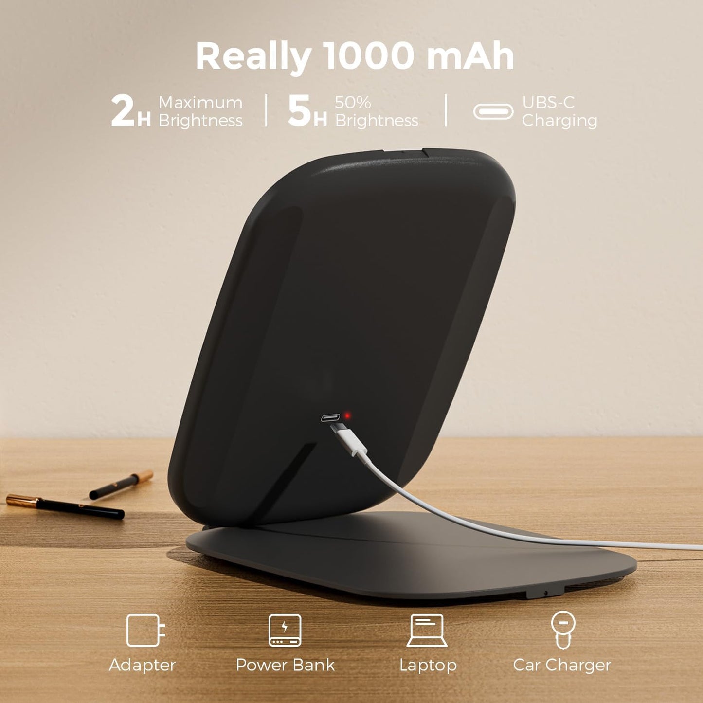 Rechargeable Travel Mirror with Light, Portable Mirror, 3 Color Light, 7.5 inch Ultra Thin and Lightweight LED Folding Makeup Mirror (Black)