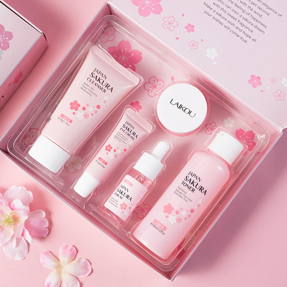 Sakura Skincare Gift Set, Skin Care Travel Kit with Cleanser, Toner, Serum, Eye Cream, Face Cream for Women Girls (5pcs)