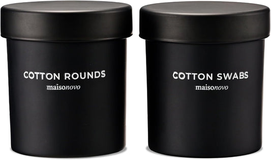 MaisoNovo Qtip Holder Bathroom Set – Airtight Glass Qtip Holder with Lid to Store Q Tips, Cotton Rounds, Cotton Balls, Floss Picks, Hair Ties with free labels pack - 2 Black Jars with Glass Lids