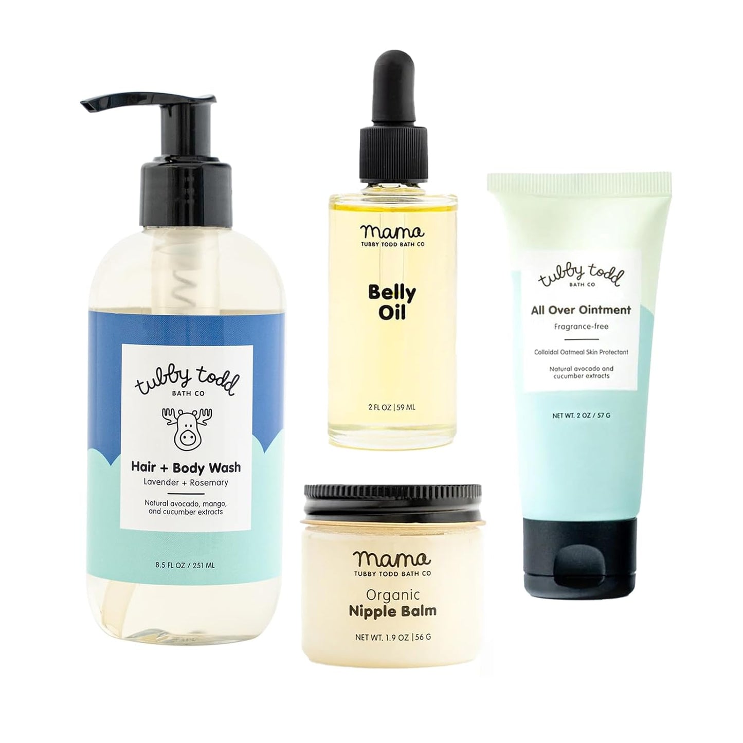 Tubby Todd New Baby & Mom Sensitive Skincare Kit - The Mama + Baby Gift Set - Baby Shampoo and Body Wash, All Over Ointment, Belly Oil & Nipple Balm - Standard Size Lavender Rosemary