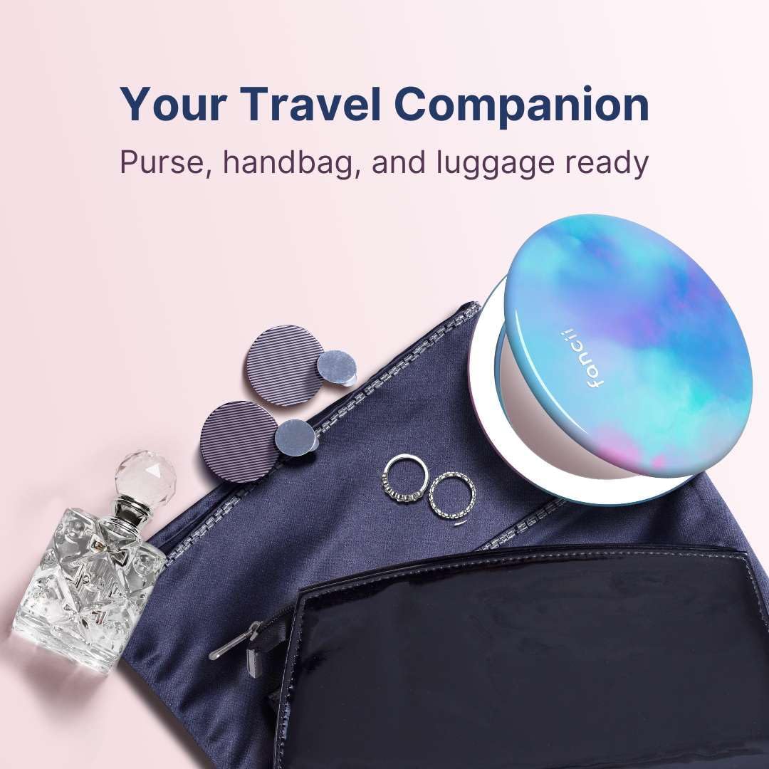 Fancii Taylor Travel Makeup Mirror with LED Light, Rechargeable, 10x /1x Magnifying & 3 Light Settings - Compact, Large 5” Wide Mirror for Handbag and Purses (Lavender Lagoon)