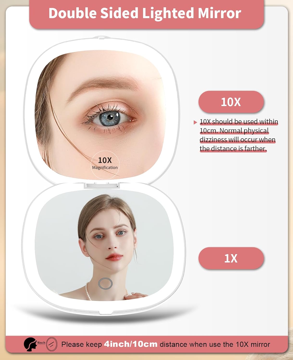 WOBSION Rechargeable Lighted Travel Makeup Mirror,1x/10x Compact Magnifying Mirror with Lights,Portable for Bag,4inch,Gift,White