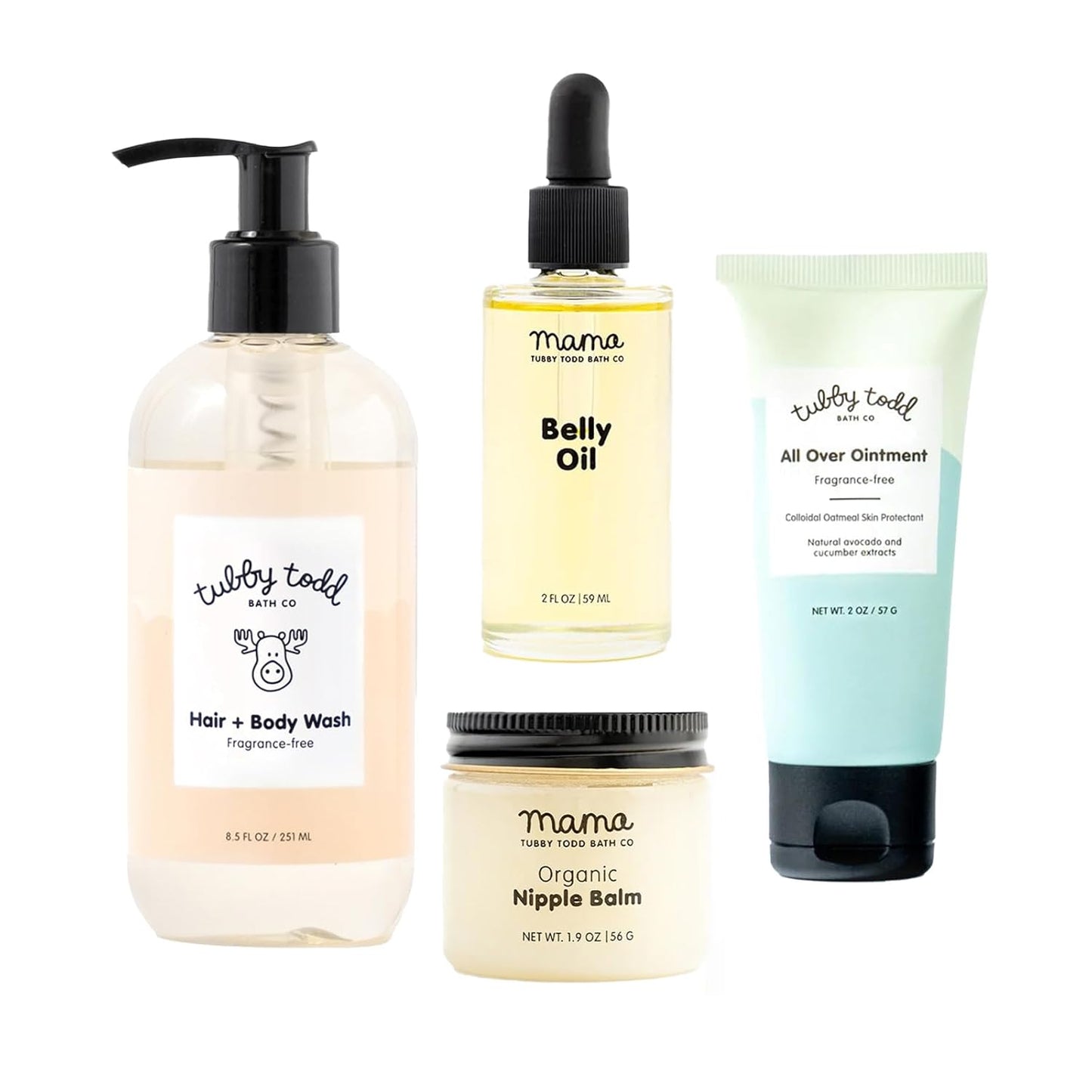Tubby Todd New Baby & Mom Sensitive Skincare Kit - The Mama + Baby Gift Set - Baby Shampoo and Body Wash, All Over Ointment, Belly Oil & Nipple Balm - Standard Size Fragrance-Free