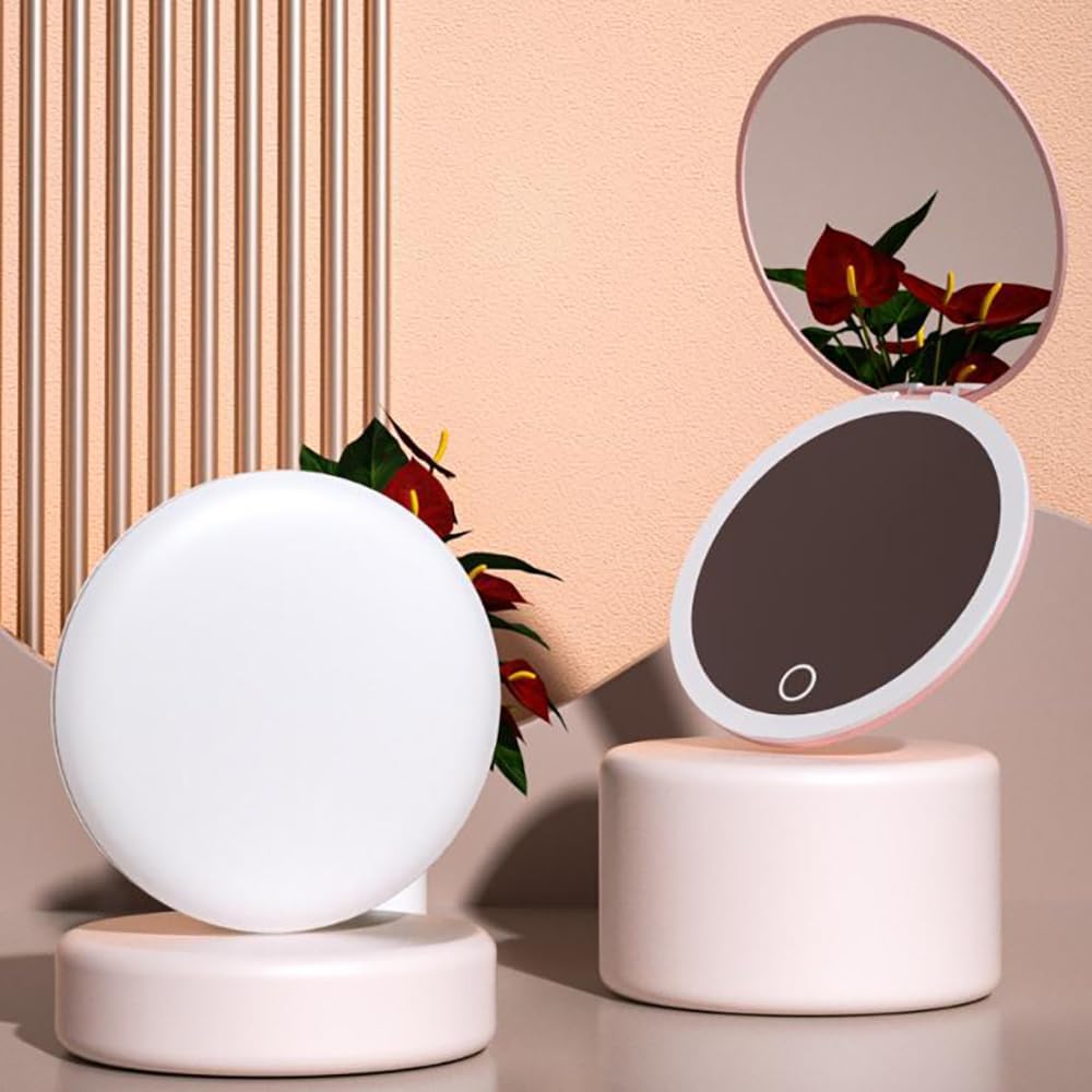 MONKEY SUN LED Mini Makeup Mirror, Compact Folding Travel Mirror with Touch Control, Round (Pink, 3.5 inch)