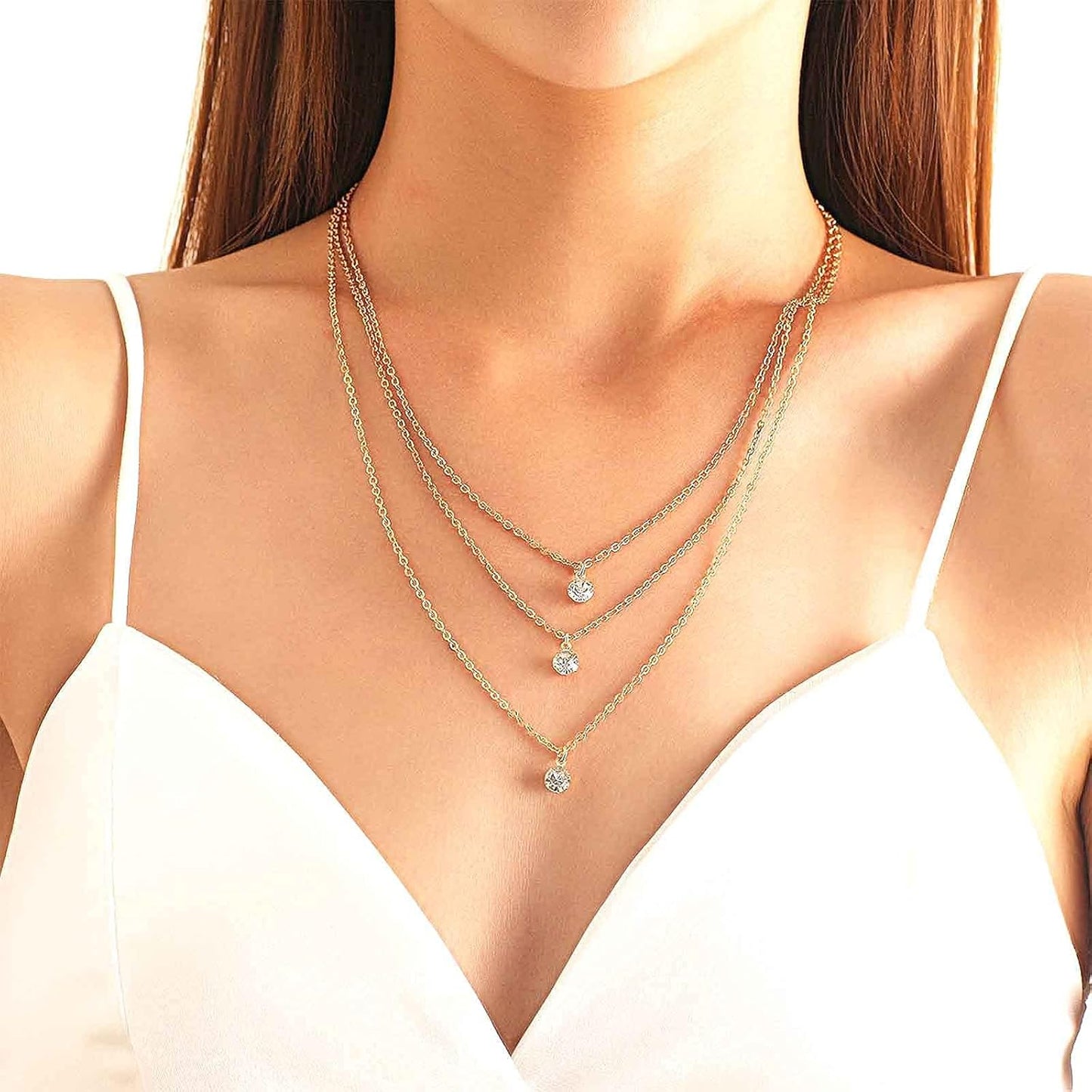 Boho Layered Crystal Necklace Gold Rhinestone Pendant Chain Necklace Vintage Multi Strand Necklace Chain Jewelry for Women