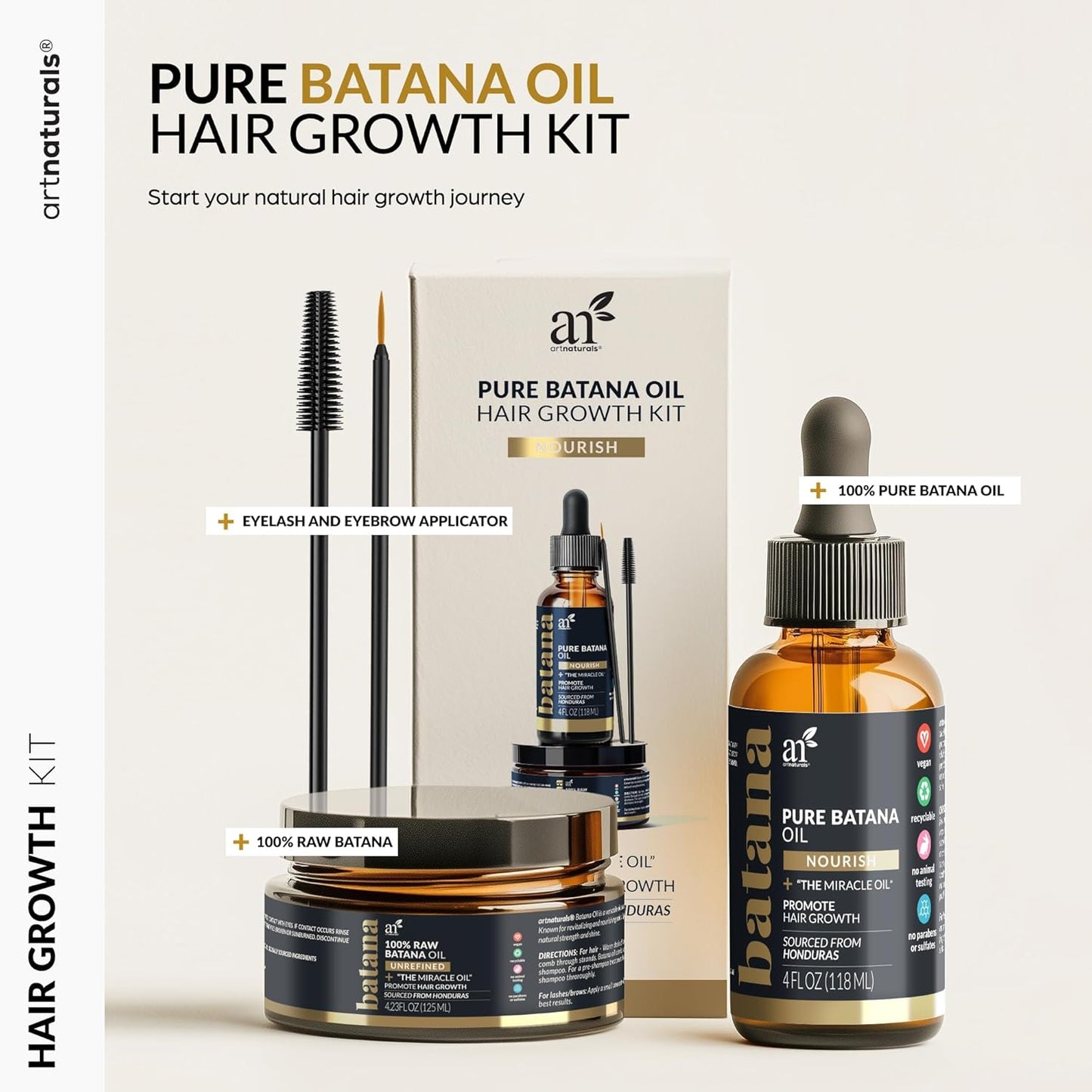 Batana Oil for Hair Growth – 4Pc Set: Raw Batana oil 4oz + 4.2oz Paste, Lash Wand & Brow Brush– Organic Dr. Sebi Inspired Products from Honduras –100% Unrefined Miracle for Scalp, Edges & Eyebrows