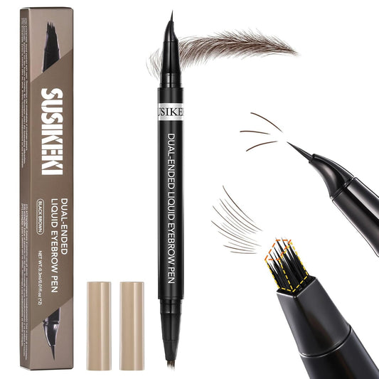 Dual-Ended Microblading Eyebrow Pencil for Women, 2 in 1 Liquid Eyebrow Pencil with Curved Tip and 4D Brow-Fection Microblading Pen, Shaped Fill HairLike Waterproof Lasting Eyebrows 03 Dark Brown