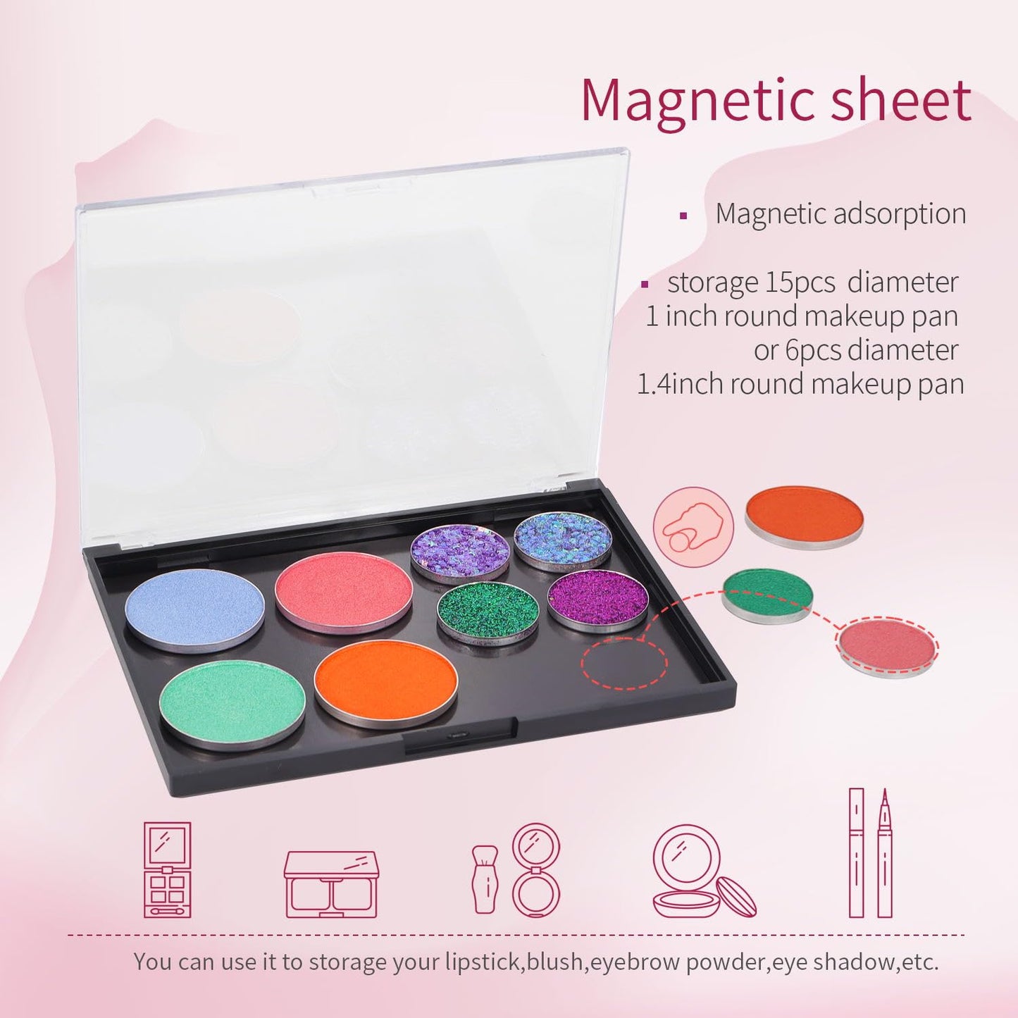 Magnetic Makeup Palette with Clear Top, 3Pack Empty Eyeshadow Pan Dispensing Storage Box with 60Pcs Adhesive Metal Stickers for DIY Cosmetics Lipstick Blush Powder-5.7"x4.3"Palette