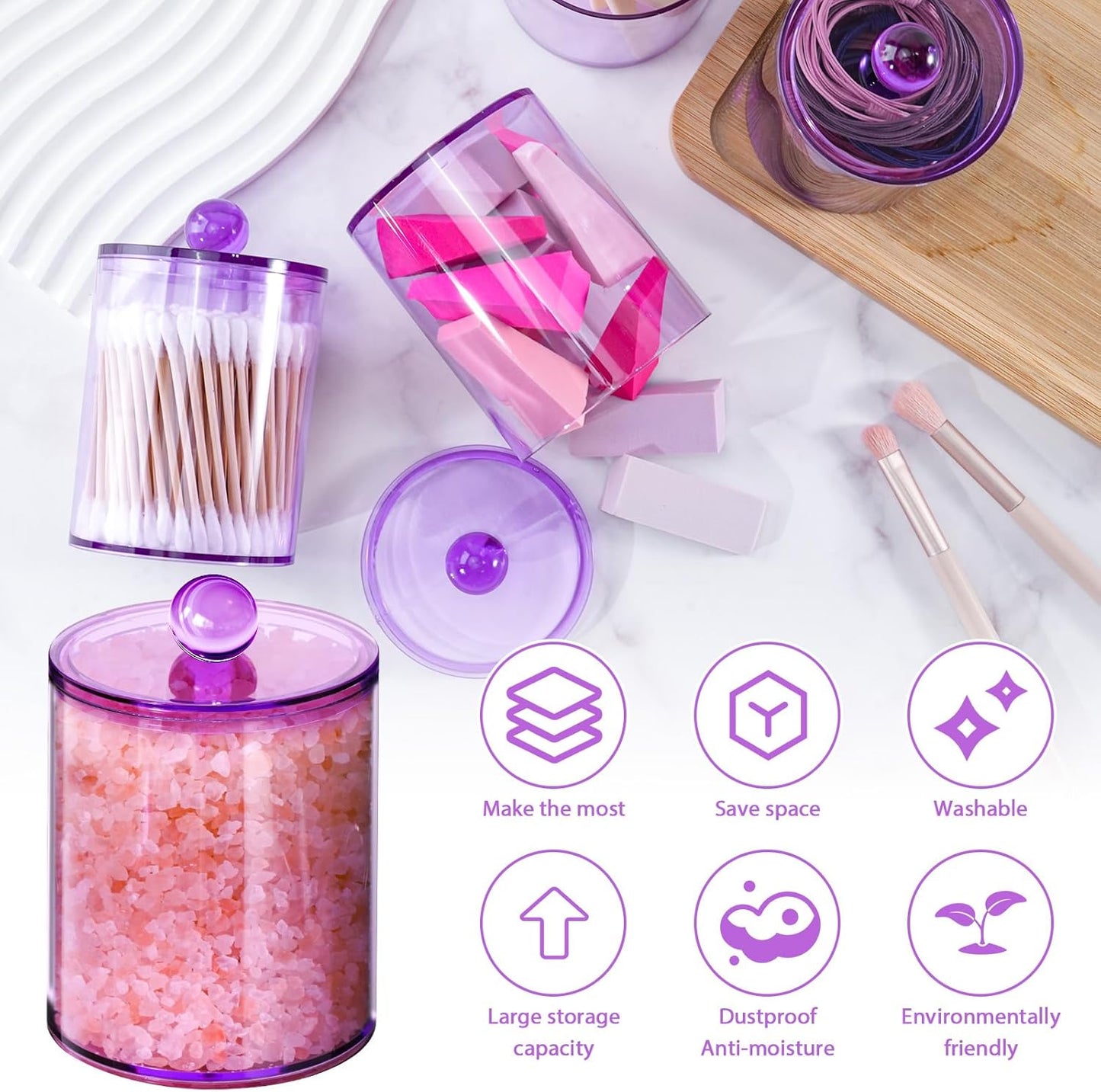 6 Pack Qtip Holder,Canister Apothecary Jar Set, Bathroom Jars with Lids Set for Cotton Swabs, Balls, Pads, Floss Picks,10oz-12oz Plastic Canisters Restroom Bedroom Vanity Organizer(Purple)