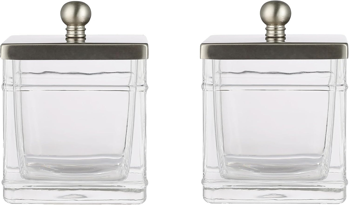 Glass Cotton Jar Holder 2 Pack– Satin Nickel Lid, Elegant Bathroom Storage Canister for Qtips, Cotton Balls, Floss, Makeup Organizer, Vanity & Bathroom Organization