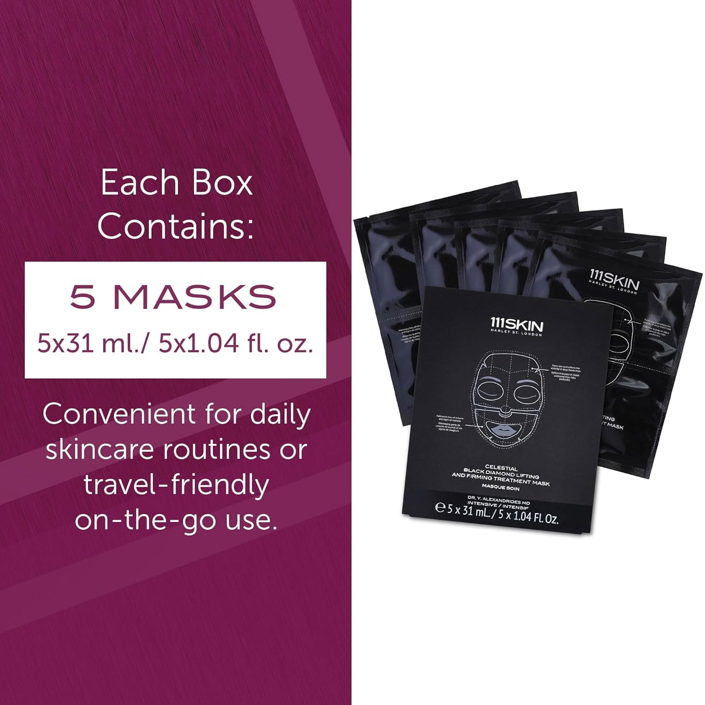 111SKIN Celestial Black Diamond Lifting and Firming Treatment Mask - Anti-Aging - Tone, Tighten, Retexturize Complexion - Fragrance Free - Set of 5 (2.5 oz each) - Face Mask