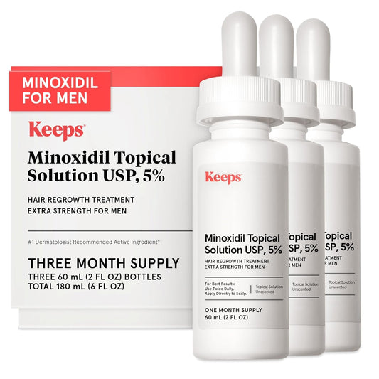 Keeps Extra Strength Minoxidil for Men Topical Hair Growth Serum, 5% Solution Hair Loss Treatment - 3 Month Supply (3 x 2oz Bottles with Dropper) - Slows Hair Loss & Promotes Thicker Hair Regrowth