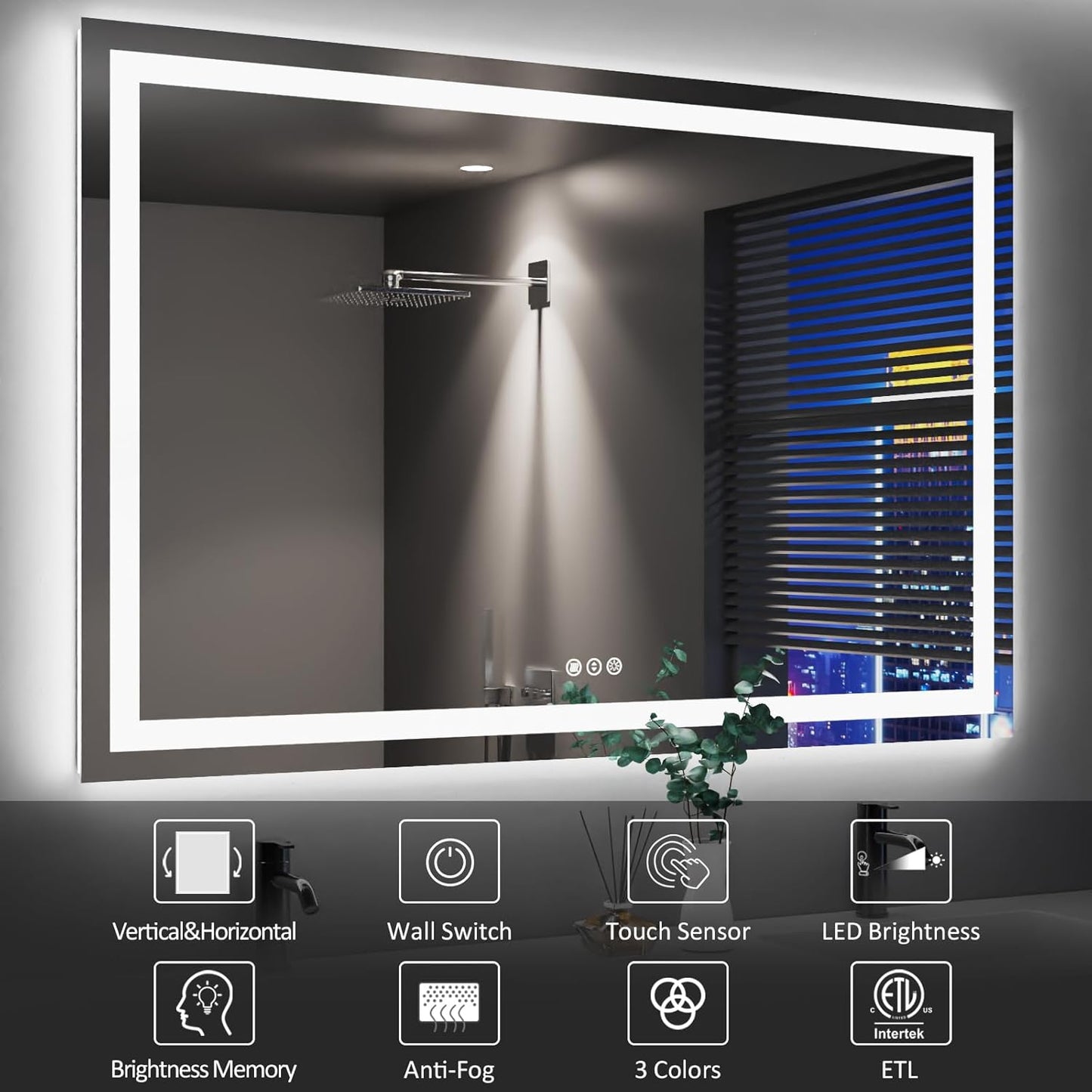 Amorho LED Bathroom Mirror 50" X32" with Front and Backlight, Stepless Dimmable Wall Mirrors with Anti-Fog, Shatter-Proof, Memory, 3 Colors, Double LED Vanity Mirror(Horizontal/Vertical)