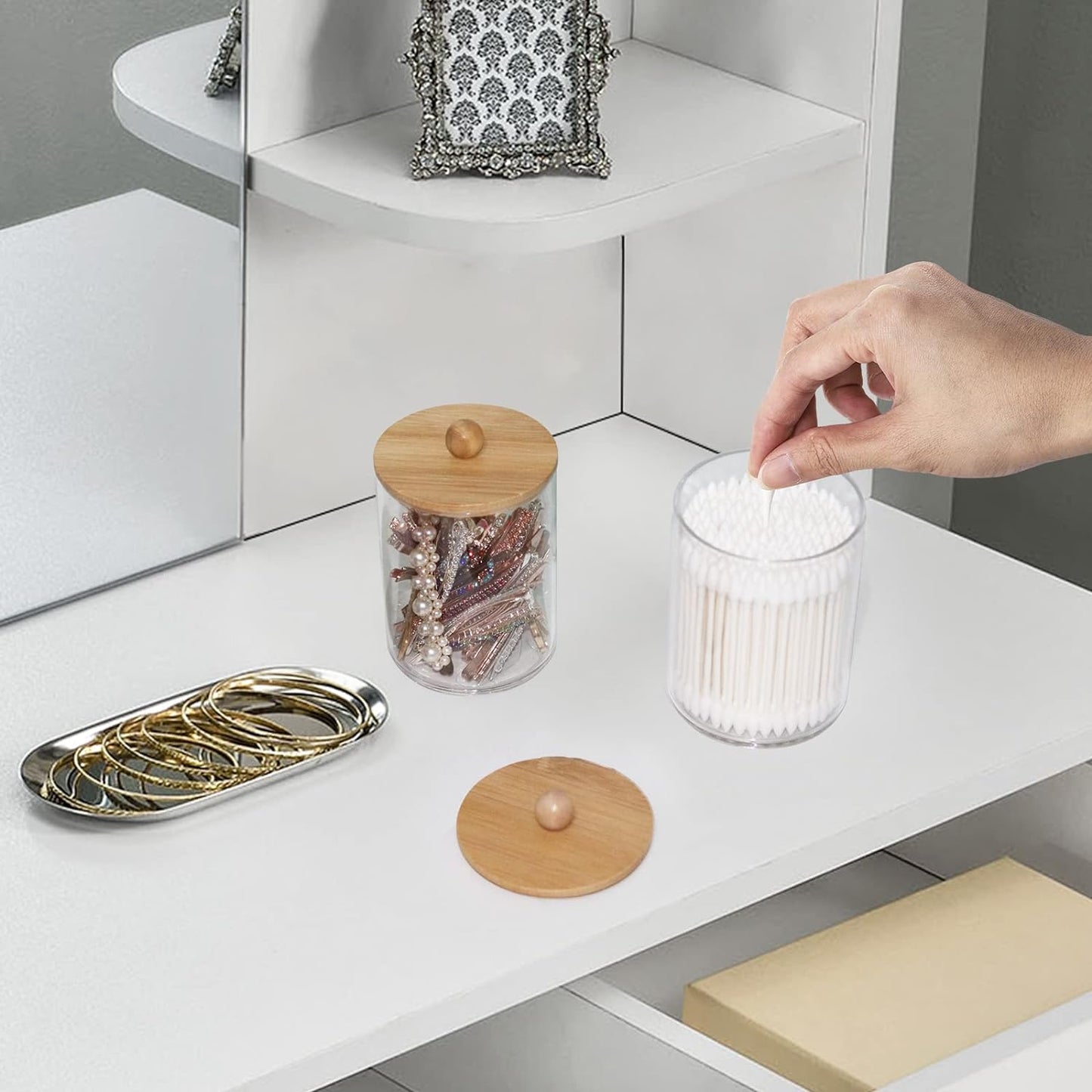 Tbestmax 10-Ounce Qtip Holder Bathroom Jars Canisters for Cotton Ball Swab Pad Storage Dispenzer, Bamboo Lid (2 Pack)