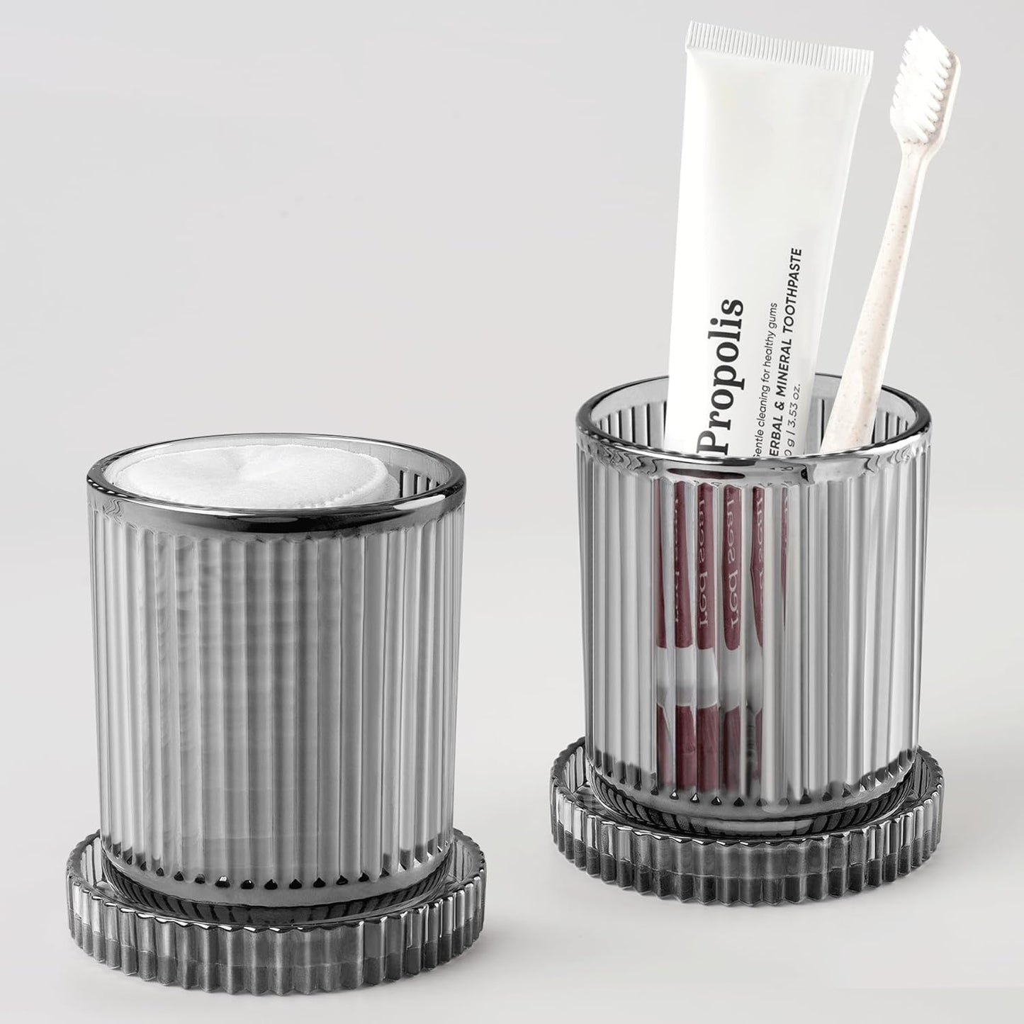 2 Pack Qtip Holder - Apothecary Jars with Lids, Bathroom Organizers and Storage Canister for Cotton Balls,Swabs,Floss Picks,Hair Ties,Clear Glass Vintage Bathroom Decor Jar Set (Gray)