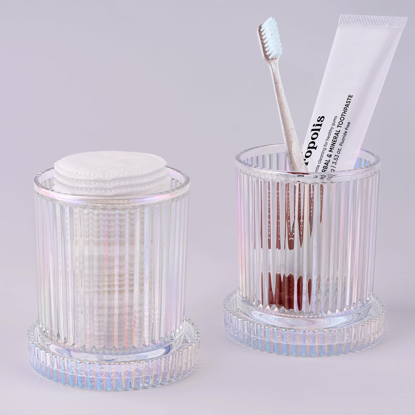 2 Pack Qtip Holder - Apothecary Jars with Lids, Bathroom Organizers and Storage Canister for Cotton Balls,Swabs,Floss Picks,Hair Ties,Clear Glass Vintage Bathroom Decor Jar Set (Iridescent)