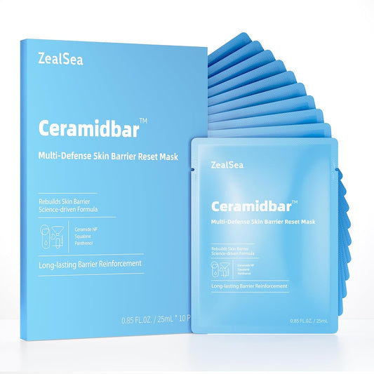 ZealSea Ceramidbar Face Masks Skincare Set, Derm Solution Sheet Mask for Multi-Trigger Sensitivity, Soothing & Calming, Strengthen & Restore Skin, Facial Mask with Cica & Ceramide, 10 Pack