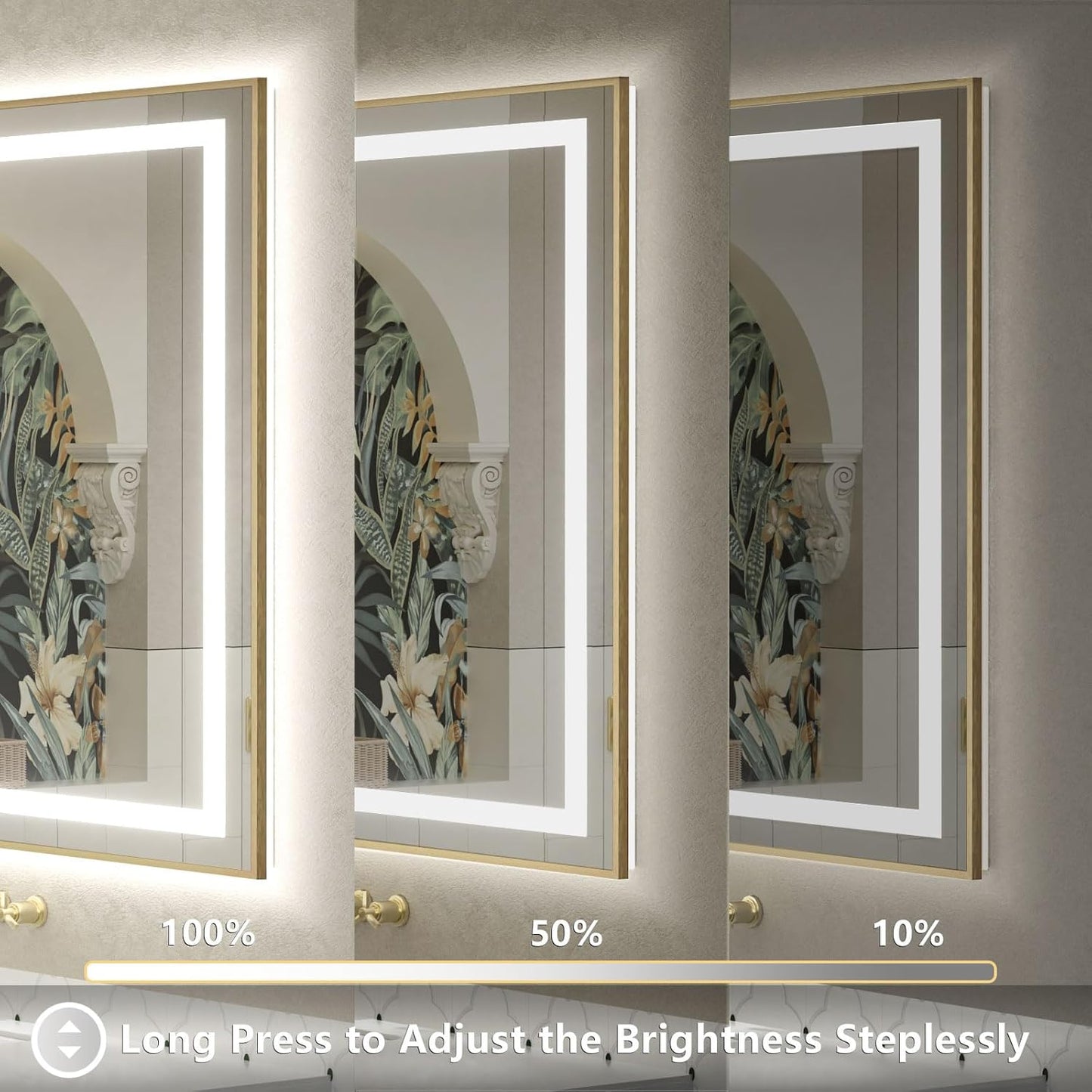 OKPAL 40x32 Gold Lighted Bathroom Mirror with Lights, Frontlit & Backlit LED Bathroom Mirror, Lighted Vanity Mirror, Anti-Fog, Dimmable 3 Colors, Shatterproof, Horizontal/Vertical