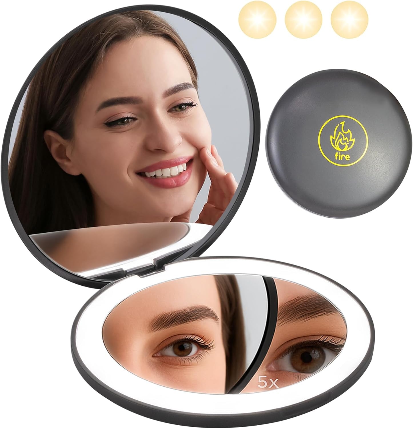 LanJo Lighted Compact Mirror with 1X/5X Magnification, Stepless Dimming & 3 Adjustable Light Settings, Rechargeable Makeup Mirror for Purse, Travel & Gifts – Fire Sign Zodiac Design – Charcoal Grey