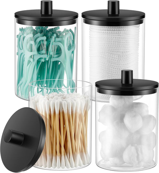 TIPGO Glass Qtip Holder Dispenser for Bathroom - 10 oz Clear Canister Apothecary Jar for Cotton Swabs, Balls, Pads, Floss Picks, Small Containers for Makeup Storage Organizer (4 Pack, Black)