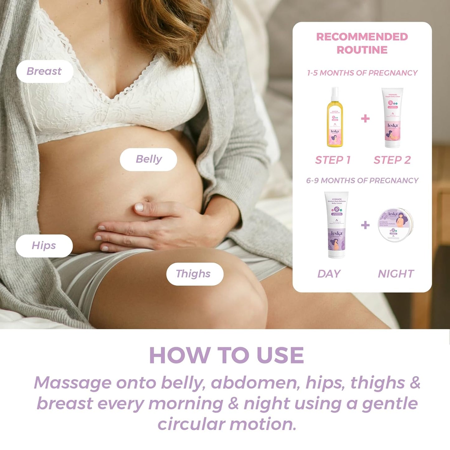 Leska Pregnancy Stages A & B Set | Belly Lotion, Belly Oil, Stretch Mark Defense Cream & Belly Butter | Pregnant Mom Months 1-9 | Part of Complete 3-Part Pregnancy Skincare System (Set of 4, 4-4.93oz)