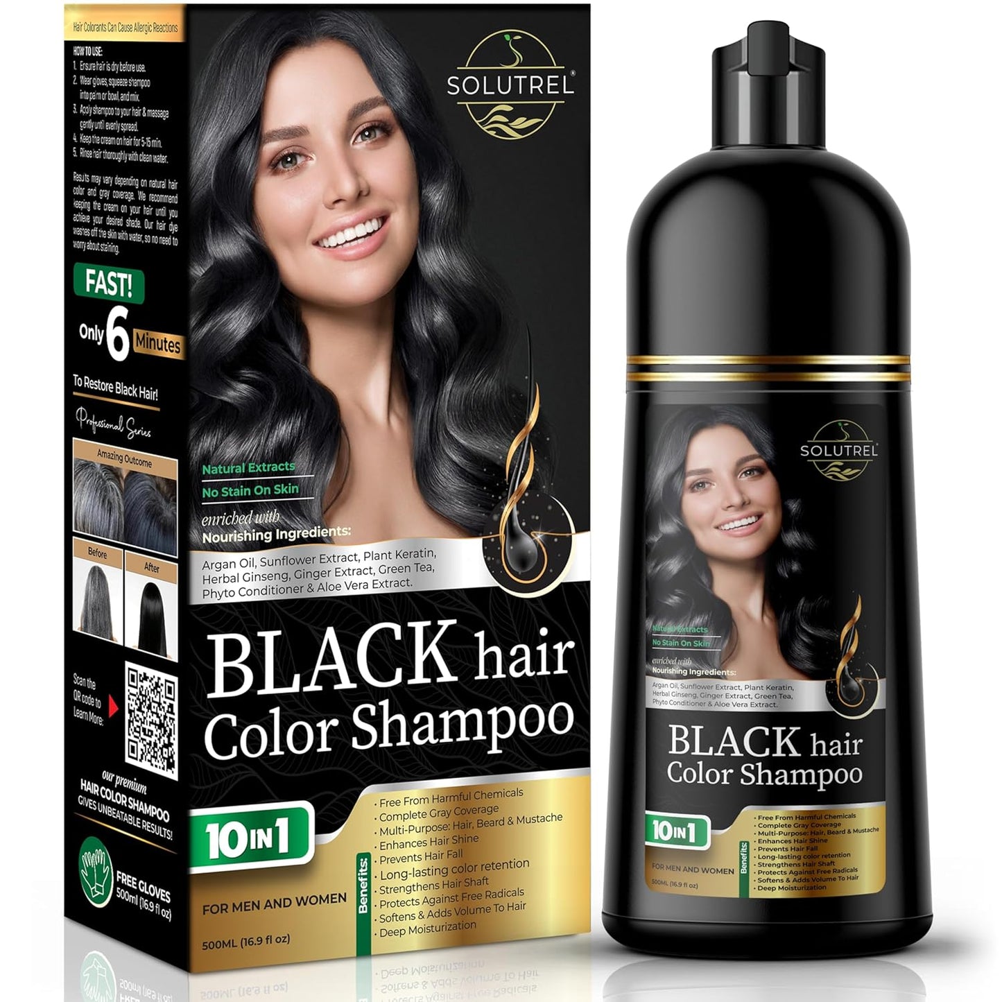 Black Hair Dye Shampoo – Instantly Covers Gray Hair in Minutes – 10-in-1 Herbal Hair Color – No Stain, Ammonia-Free, Natural – For Men & Women