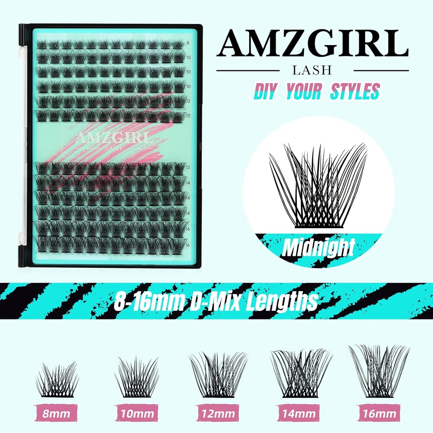AMZGIRL LASH Midnight DIY Lash Extension Kit, 144 pcs Eyelash Clusters Kit Lash Bond and Seal, Lash Glue Remover and Applicator for Individual False Eyelashes Kit Lash Extensions(D-Mix 8-16mm Kit)
