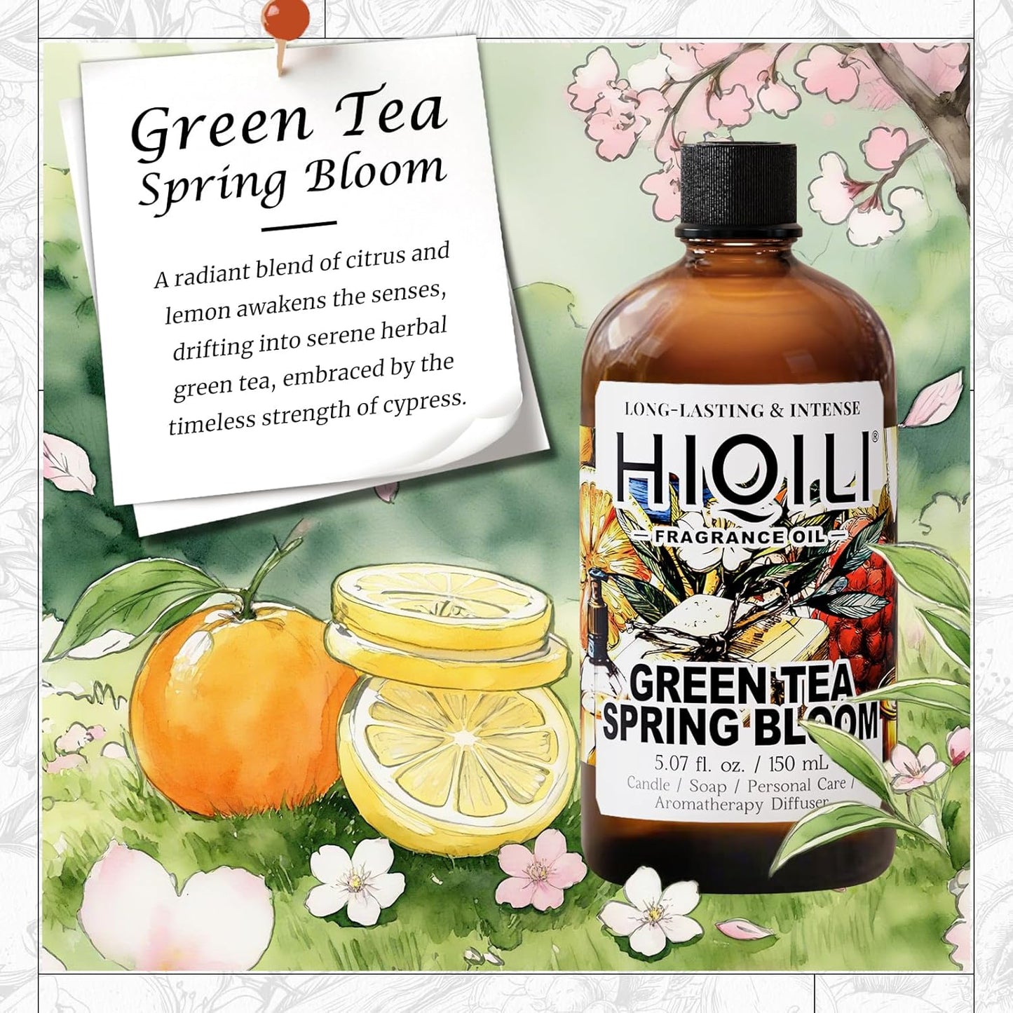HIQILI Green Tea Spring Bloom Fragrance Oil for Diffuser, Inspired by Eliz.Ar-den Grn Tea, DIY Perfume, Candle, Soap Making, Long Lasting Uplifting & Crisp Scents - 5.07 Fl Oz
