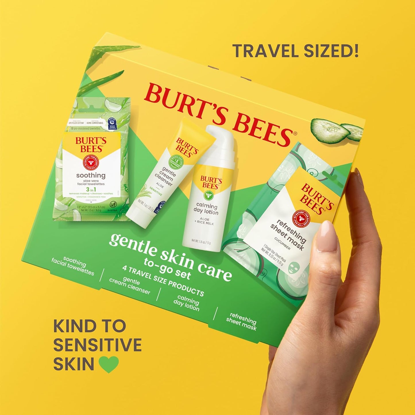 Burt's Bees Back To School Dorm Essentials, Gentle Skin Care To-Go Set, Includes Cleanser, Towelettes, Lotion and Sheet Mask, Facial Skin Care Products for Sensitive Skin, Natural Origin, 1 Gift Set