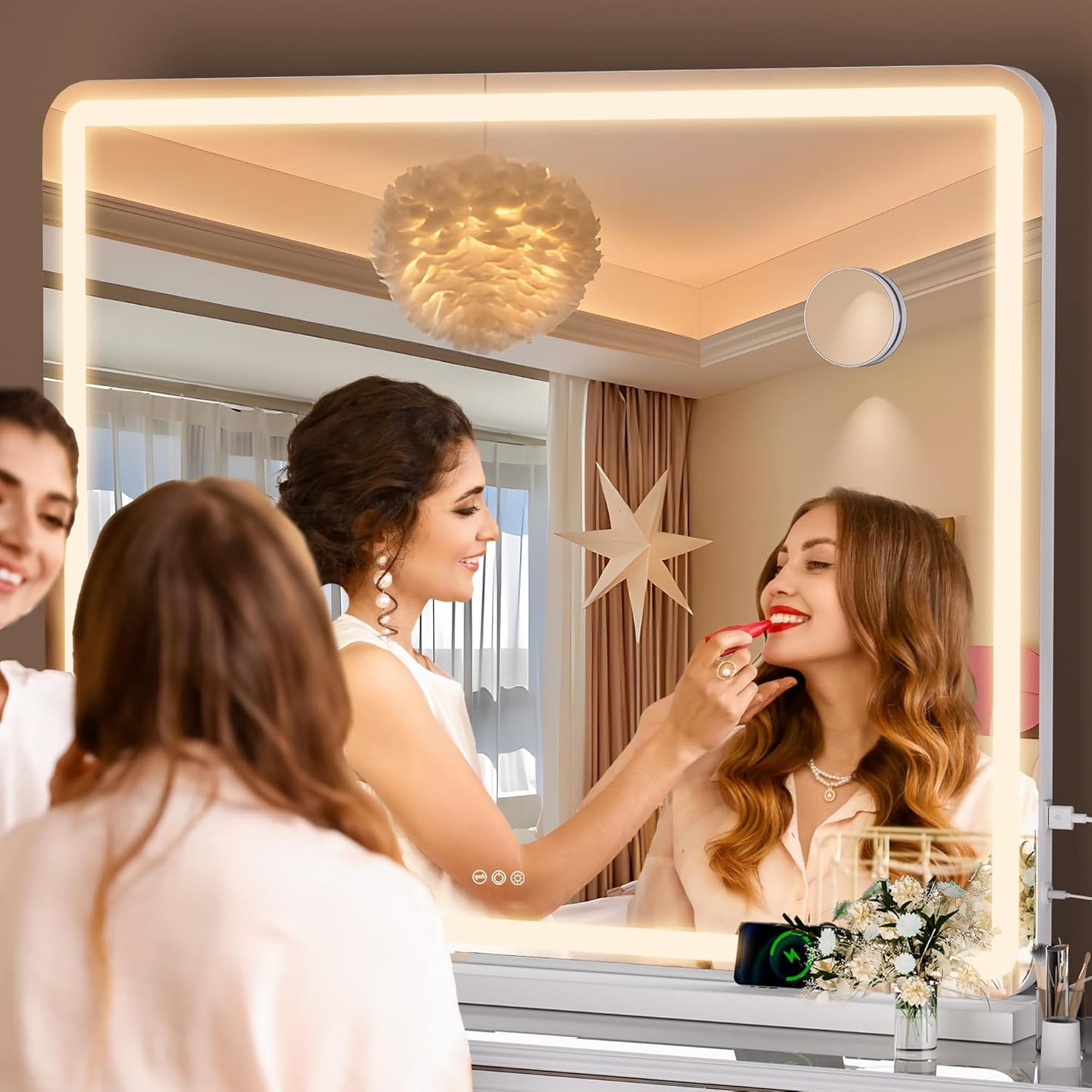 Hasipu Vanity Mirror with Lights, 47.2" x 30" LED Makeup Mirror, Lighted Makeup Mirror with Dimmable 3 Modes, Touch Screen Control Vanity Mirror Round White
