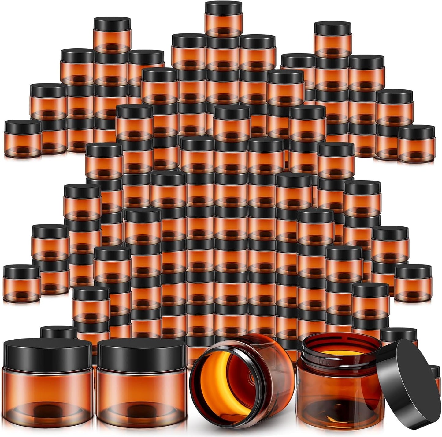 SATINIOR 100 Pcs Plastic Jars with Lids Small Containers Lids Wide Mouth Small Plastic Containers for Lotion Cream Rhinestones Body Butters Travel Storage(2 oz,Amber)
