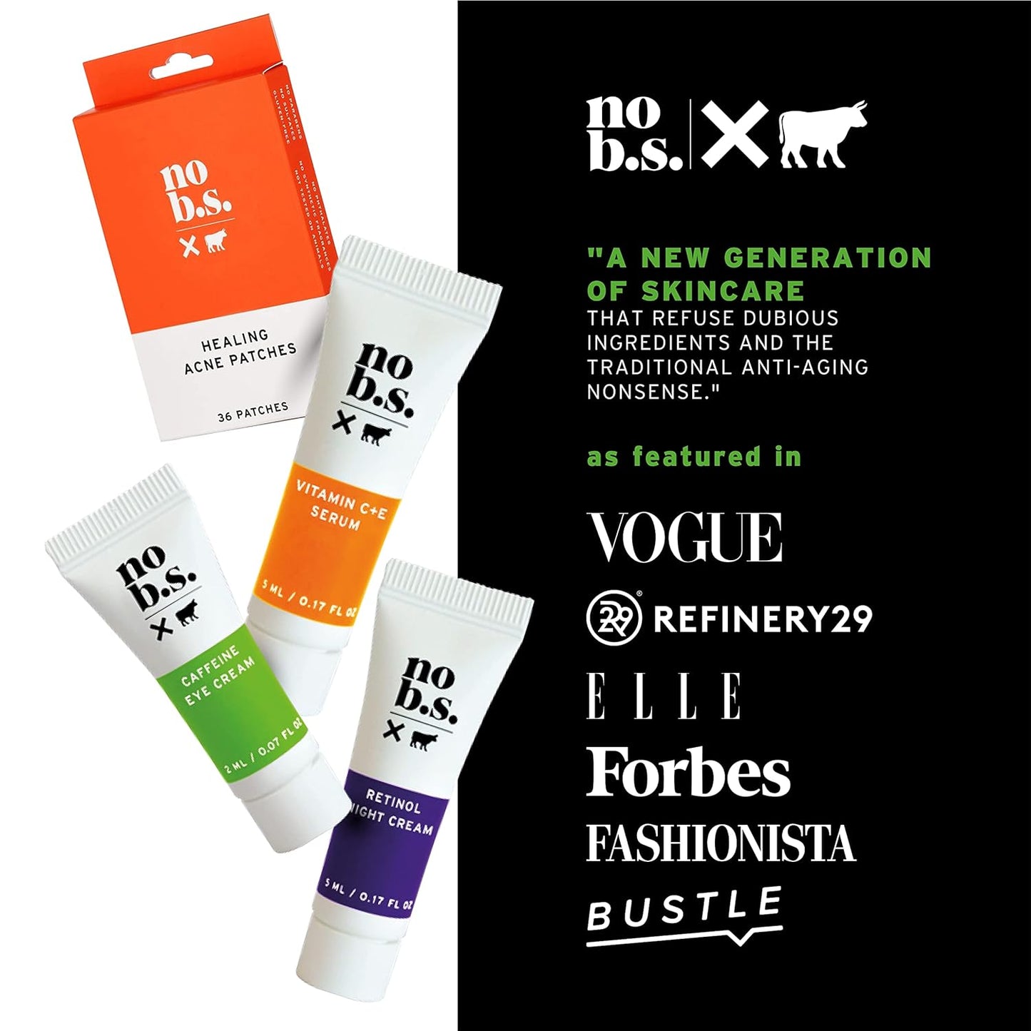 No B.S. (No Bad Stuff) Skincare Minis Kit, Vitamin C & E Serum with Hyaluronic Acid, Retinol Night Cream, Caffeine Eye Cream & Invisible, Waterproof Acne Patches, 4 Product Trial Size