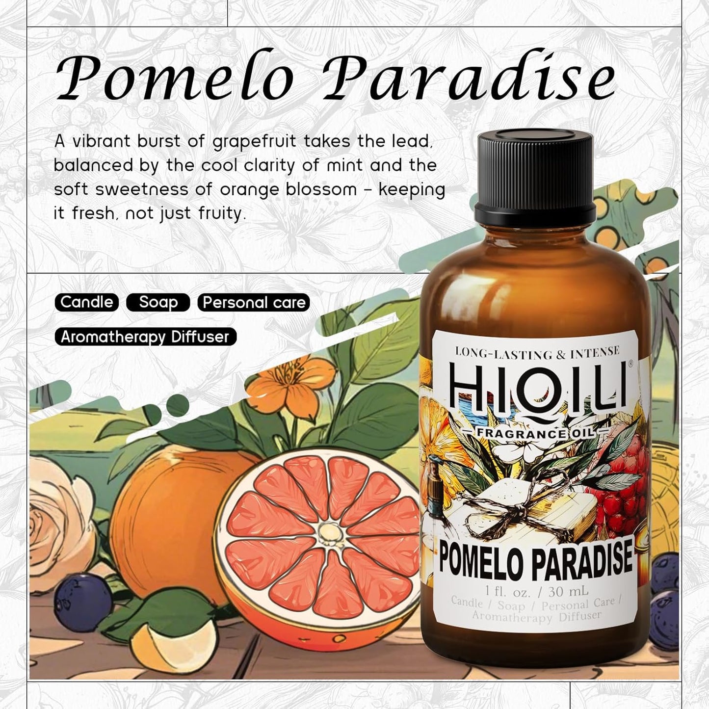 HIQILI Pomelo Paradise Fragrance Oil for Candle & Soap Making, Inspired by Alr-Cologne P.Paradis, Fresh Scents for Home Diffuser, Scenting Skin & Body, Bathroom - 1 Fl Oz