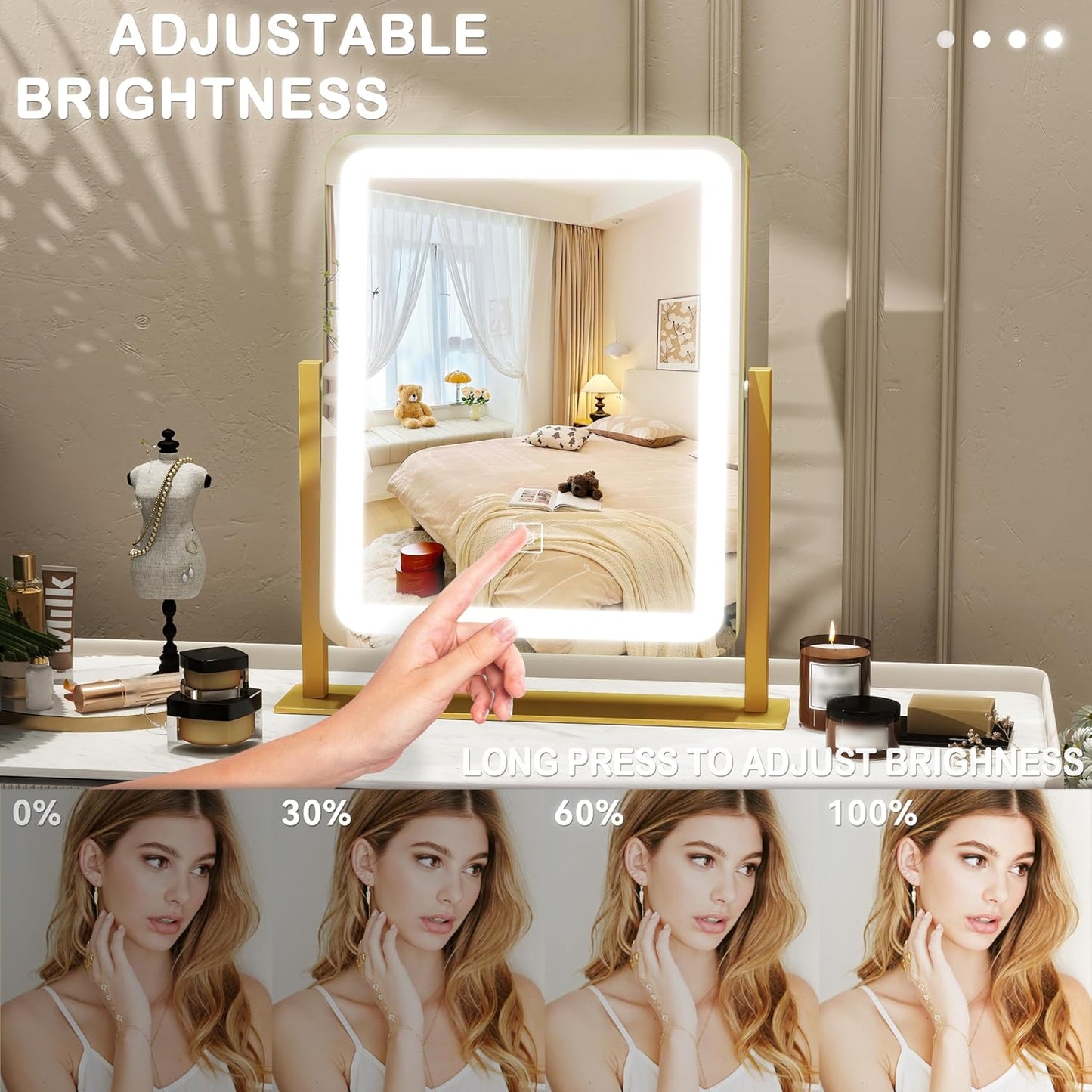 Vanity Mirror with Lights, 12.6"×15" LED Makeup Mirror, Lighted Makeup Mirror with Lights, Smart Touch Control Dimmable 3 Modes Light, Lighted Up Mirror for Makeup Desk, Gold