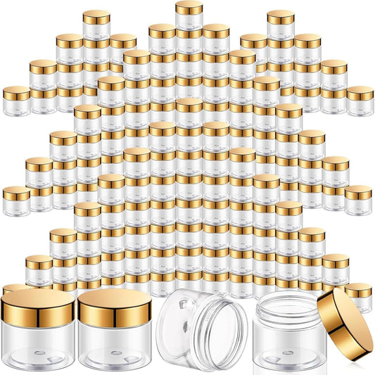 SATINIOR 100 Pcs Plastic Jars with Lids Small Containers Lids Wide Mouth Small Plastic Containers for Lotion Cream Rhinestones Body Butters Travel Storage(6 oz, Gold)