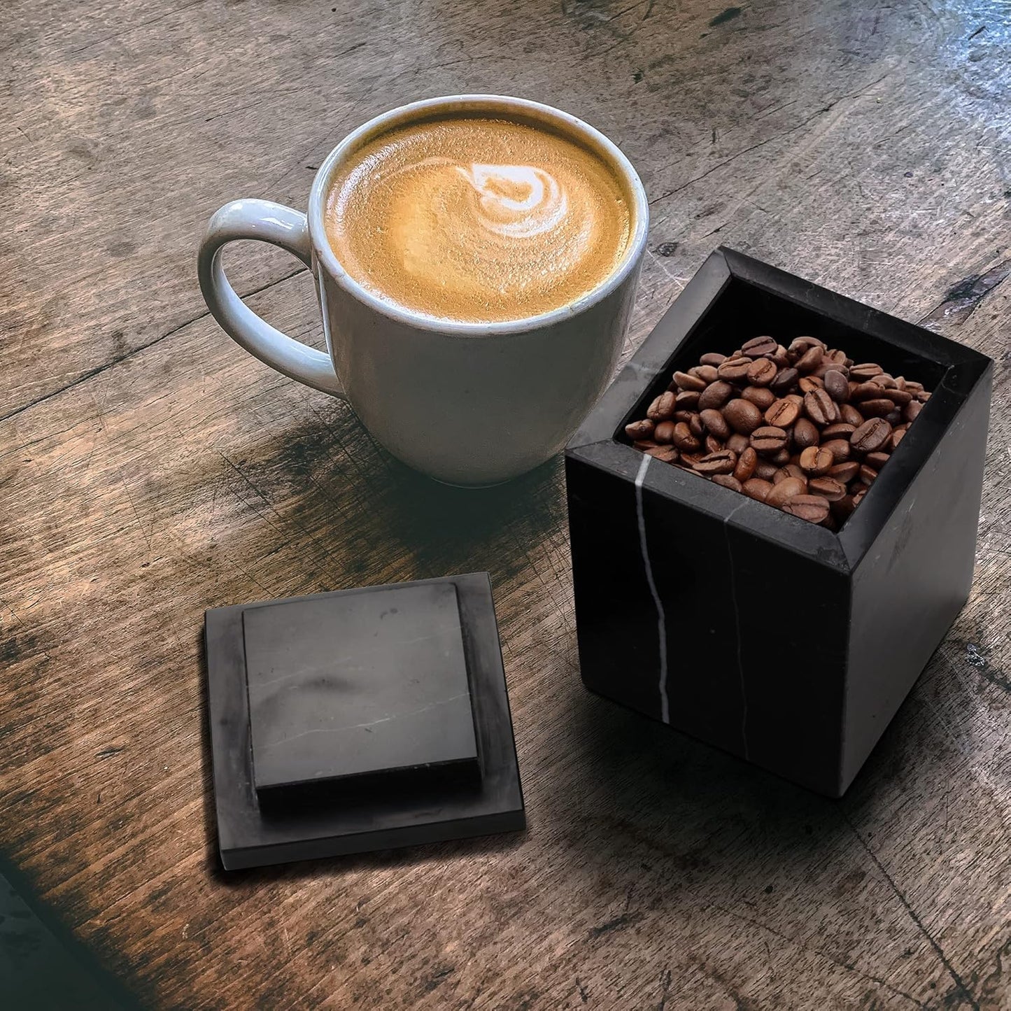 WORHE Marble Canister Natural Stone Qtip Holder with Lid Square Bathroom Vanity Organizer for Makeup Sponge Coffee Bean Dispenser Storage Jar Case for Home Decor Black (DLB202)