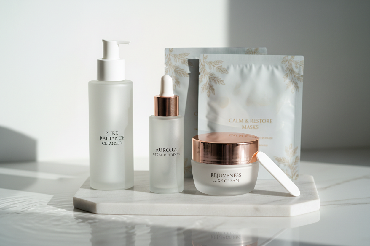 Hydrating serums, nourishing creams, gentle cleansers, and soothing sheet masks. (make it real photo)