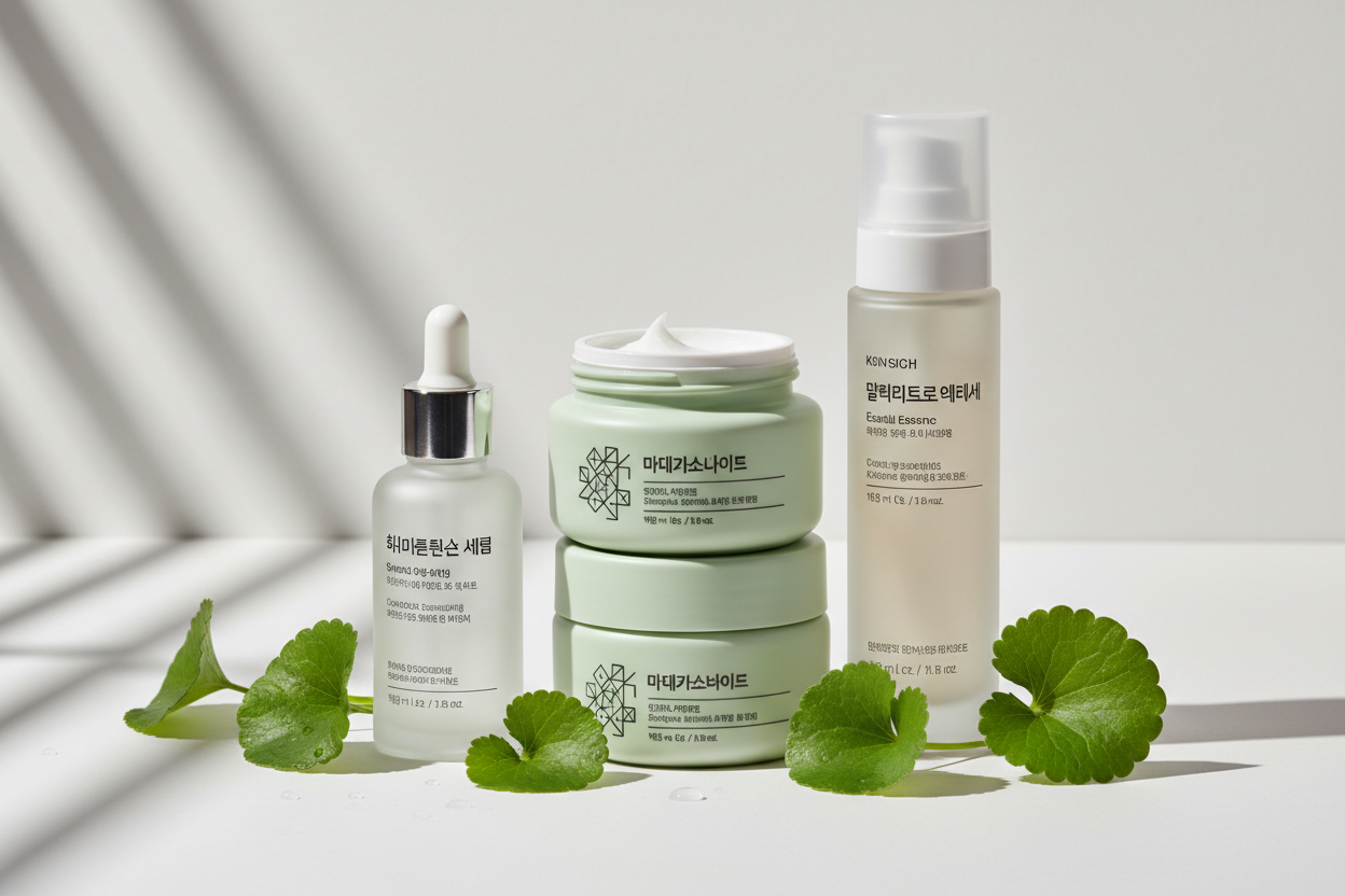 Trendy K-Beauty solutions featuring the latest ingredients like hyaluronic acid, centella asiatica, and snail mucin. (make it real photo)